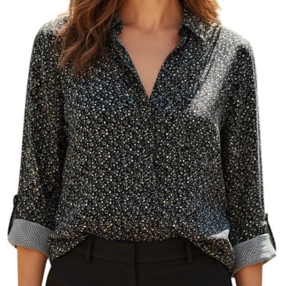 🆕 ANTHROPOLOGIE VELVET Ditsy Floral Roll Tab Sleeve Button Down Shirt EUC M